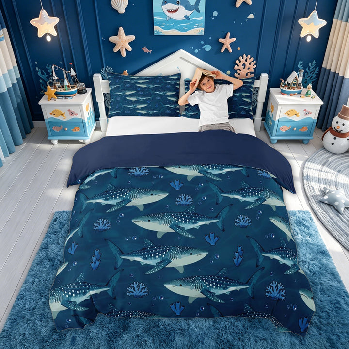 meiyoeat Whale Shark Bedding for Kids Boys, Navy Coral Reef Duvet Cover Full for Bedroom, Blue Reversible, 3pcs