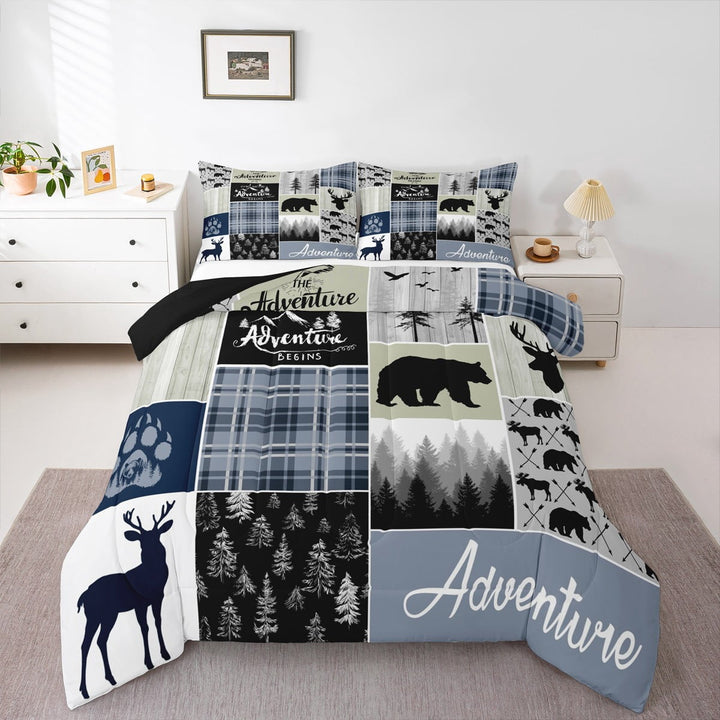 Rustic Deer Bear Comforter Set, Country Farmhouse Bedding Cabin Lodge Decor, Adventure Camping Grid Claw Bedding Comforter Sets Woodland Wild Animal Vintage Duvet Insert Teens Adult, Full