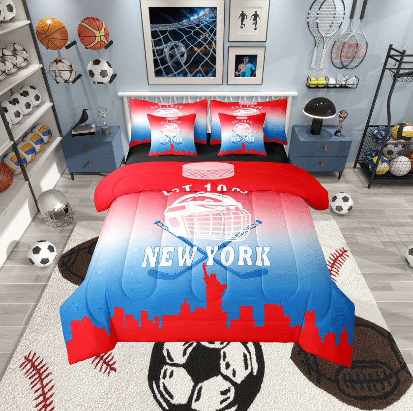 Erosebridal Football New York Bedding Twin Size, Soccer Sport Bed in a Bag Twin size, Blue Red Reversible Bed Set, Lightweight Bedroom Decorative, 7-Piece