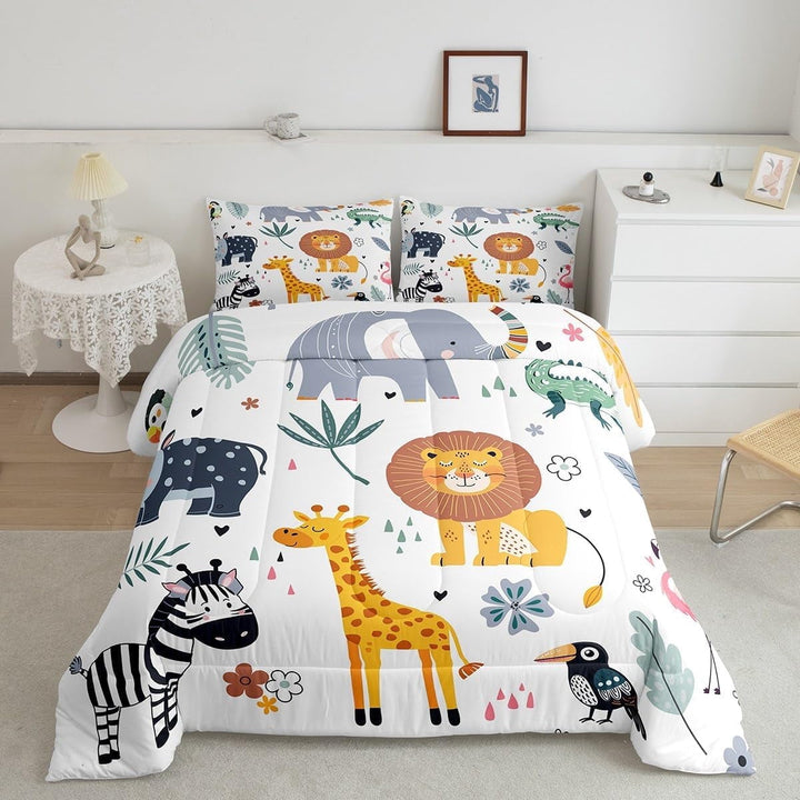Zoo Animal Comforter Set Cute Animals Bedding Set Cartoon Safari Print Comforter Teens Bedroom Decor Exotic Natural Theme Duvet Set Full Size