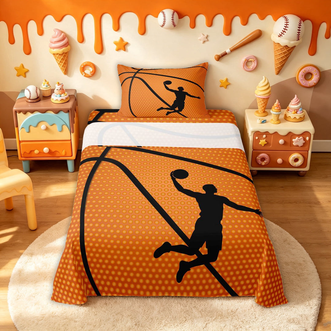 meiyoeat Sport Basketball Player Bed Sheets for Boys, Abstract Stripes Full Size Sheets, Orange Black, 4-Piece, 1 Flat Sheet, 1 Fitted Sheet and 2 Pillowcases