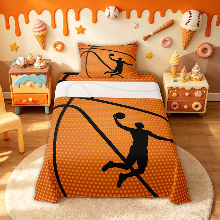 meiyoeat Sport Basketball Player Bed Sheets for Boys, Abstract Stripes Full Size Sheets, Orange Black, 4-Piece, 1 Flat Sheet, 1 Fitted Sheet and 2 Pillowcases