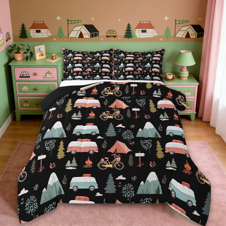 Erosebridal Colorful Cartoon Camper Queen Comforter Set,Rustic Farmhouse Camping Bedding Comforter Set For Boys Kids,Reversible black,3-Piece