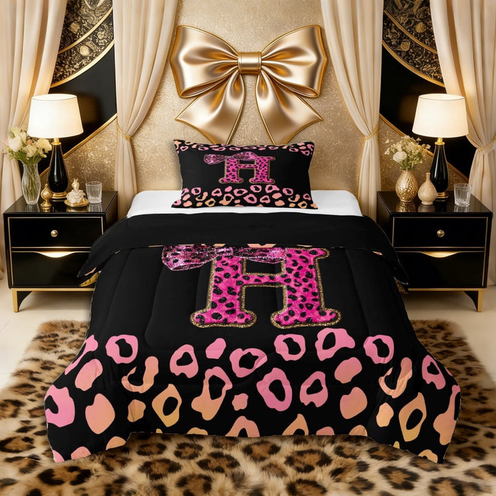Erosebridal Teens Bow Letter Monogrammed H Twin Comforter Sets 3-Piece,Bling Glitter Print Gradient Leopard Print Bedding Set for Girls Women,Black Reversible,Microfiber Bedroom Decor