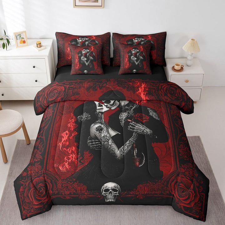 7Pcs Skull Couple Queen Comforter Set,Kissing Lovers Skeleton Bedding Sets,Vintage Rose Flower Bed In A Bag,Gothic Spooky Lover Quilt with Flat Fitted Sheet Valentine&