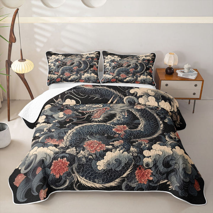 meiyoeat Ink Cloud Dragon Quilt Full for Men Boys, Japanese Style Flower Full Bedspread Sets, Black Blue, 3pcs