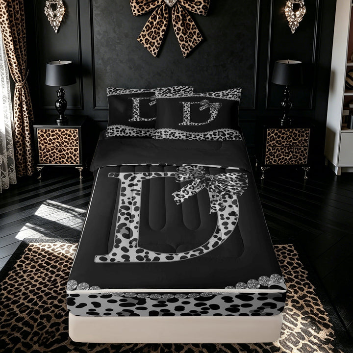 meiyoeat Leopard Print Bow D Letter Zipper Full Size Comforter Sets with Fitted Sheet and 2 Pillowcases for Girls Women, Fashion Boho Gemstones Zipper Bedding Set, Black Grey, Black Reversible, 4pcs