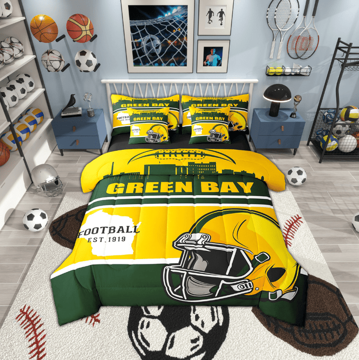 Erosebridal Green Bay Soccer City Bed in a Bag, American Football Bed Set, Vintage Rugby Reversible Comforter Sets, Microfiber Room Decorative, 7pcs