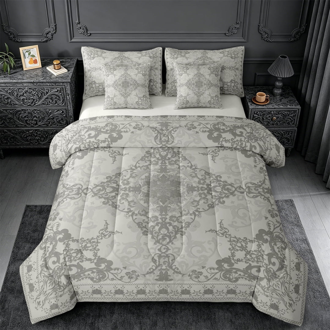 Erosebridal Gray Victorian Flower 7pcs Bedding Comforter Set,Gothic Damask Theme Queen Bedding Sets For Adult,Reversible lightgray