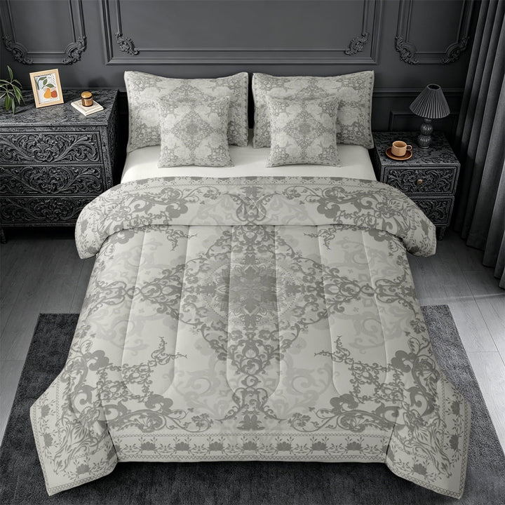 Erosebridal Gray Victorian Flower 7pcs Bedding Comforter Set,Gothic Damask Theme Queen Bedding Sets For Adult,Reversible lightgray