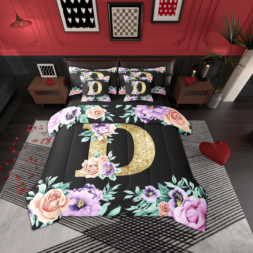 Erosebridal Gold Initial Letter Bedding Sets, Monogrammed D Comforter Sets with Sheets, Vintage Flower Reversible Bed Sheets Set, Super Cozy Bedroom Decor, 7pcs