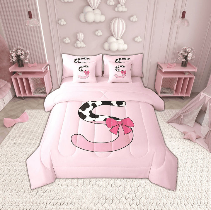 Erosebridal Monogrammed Letter Bedding Sets Twin Size,Cattle Print Comforter Sets with Sheets,Lightweight Reversible Bed in a Bag Twin size,Pink Bow Tie Decoration,7pcs