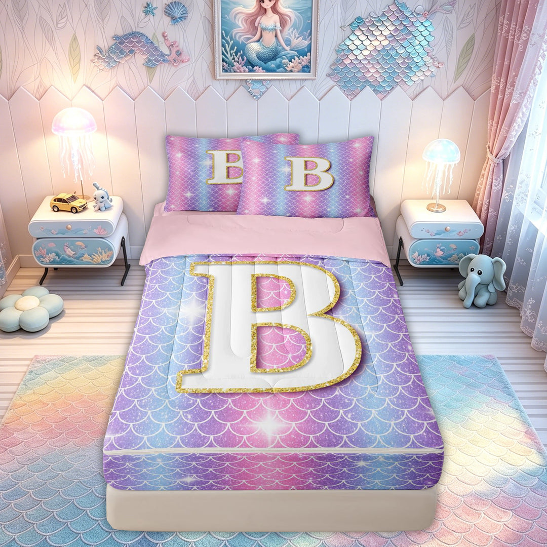 meiyoeat Mermaid Letter B Zipper Comforter Set with Fitted Sheet and 2 Pillowcases for Girls, Glitter Scale Print Zipper Bedding Set for Bedroom, Iridescent, Pink Reversible, 3 Pieces
