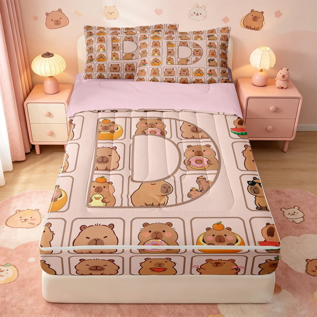 meiyoeat meiyoeat Initial Alphabet D Zipper Twin Comforter Sets with Fitted Sheet and 2 Pillowcases,Kawaii Animal Capybara Zipper Bedding Set,Pink Reversible,4-Piece