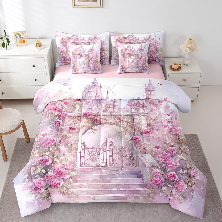 7 Pcs Rose Purple Floral Bed in a Bag Twin Size Rustic Flowers Bedding for Girls Kids Castle Print Bedding Set with Comforter Romantic Themed Bed Set, Cute Cartoon Castle Print Sheet Set