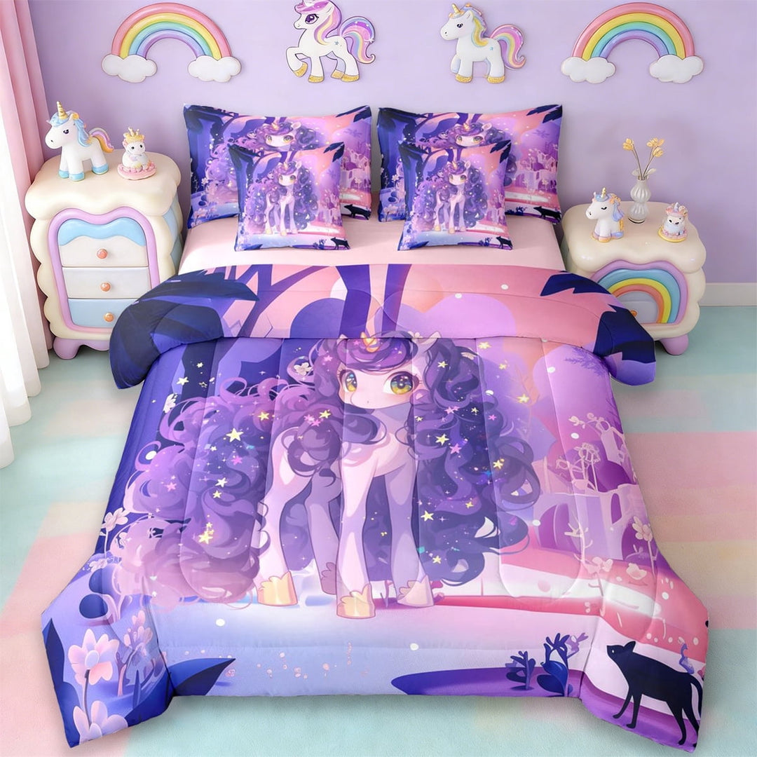 Erosebridal Cute Unicorn Girls 7-Piece Twin Bedding Sets,Purple Cartoon Unicorn Bedding Comforter Set For Kids,Reversible Pink