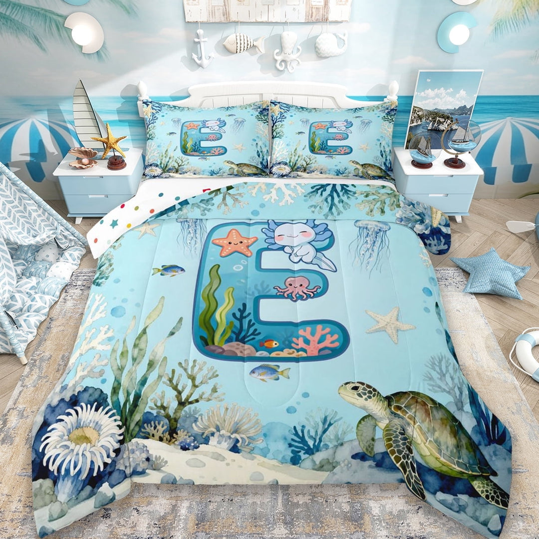 Erosebridal Initial Alphabet E Full Size Comforter Sets,Ocean Animal Axolotl Bedding Sets For Kids Boys,Reversible 3pcs