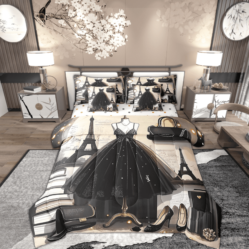 Fashion Dress Bed In A Bag 7 Piece Twin Size Fashion Girly Black Dress Comforter Set Eiffel Tower Paris Style Bed Set Romantic Makeup Themed Sheet Set Women Perfume Print Bedding Fitted Sheet