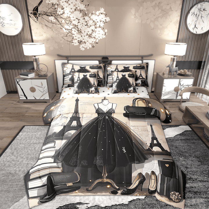 Fashion Dress Bed In A Bag 7 Piece Twin Size Fashion Girly Black Dress Comforter Set Eiffel Tower Paris Style Bed Set Romantic Makeup Themed Sheet Set Women Perfume Print Bedding Fitted Sheet