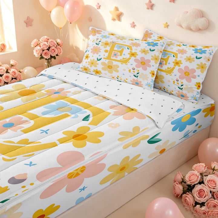 meiyoeat Floral Letter E Zipper Full Size Comforter Sets with Fitted Sheet and 2 Pillowcases for Girls, Spring Daisy Groovy Zipper Bedding Set, Multicolor, Reversible, 4-Piece