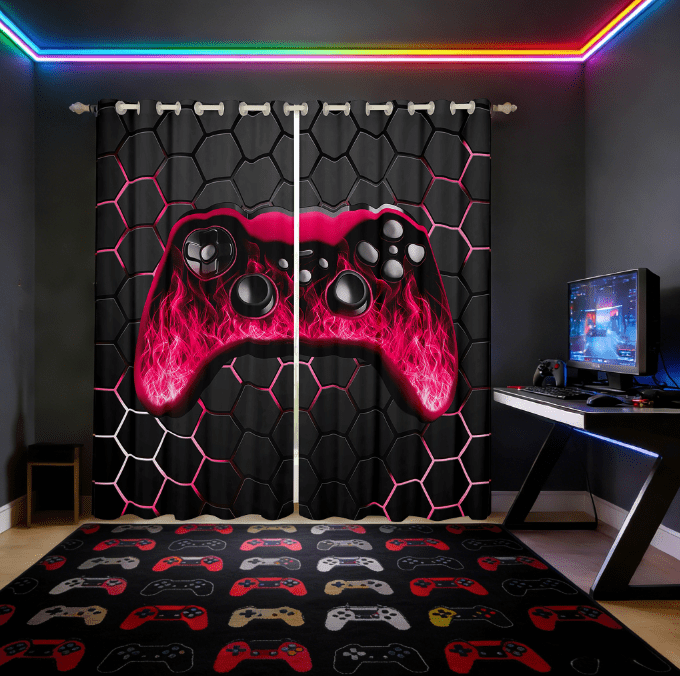 Manfei Neon Gamepad Curtains Pack of 2 (38x45),Modern Geometric Honeycomb Black Out Curtains,Red Black Curtains for Living Room For Boys Kids,Super Cozy Bedroom Decor