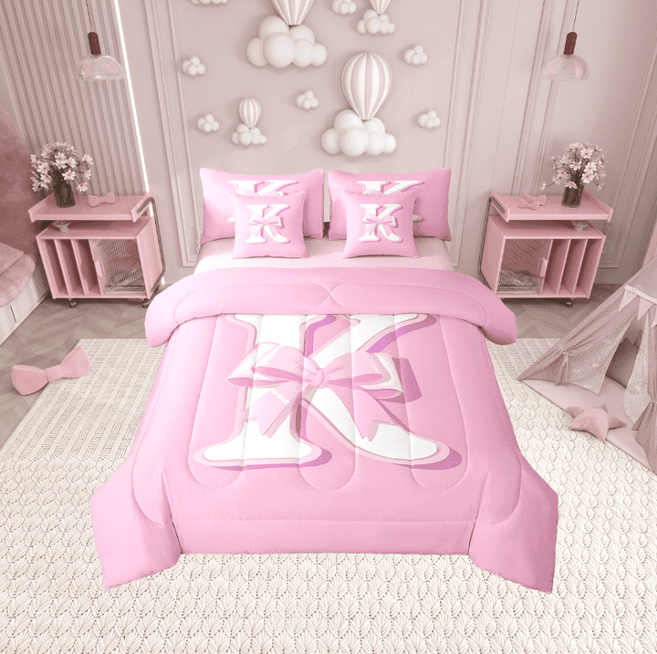 Erosebridal Monogrammed K Bed in a Bag Twin size, Initial Letter Bed Set, Pink Bow Reversible Bedding Twin Size, Super Cozy Bedroom Decor, 7-Piece