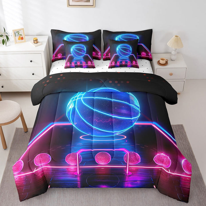 Glitter Basketball 7 Piece Comforter Set Full Bed in a Bag,Basketball Court Bedding Sets Sports Ball Sheet Set with Comforter Basketball Hoop Ball Game Room Decor