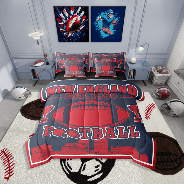 Erosebridal Football Print Bedding Sets Twin Size,Red Black Comforter Sets with Sheets,Teenager Bedroom Decor(New England),Reversible,Lightweight,7-Piece