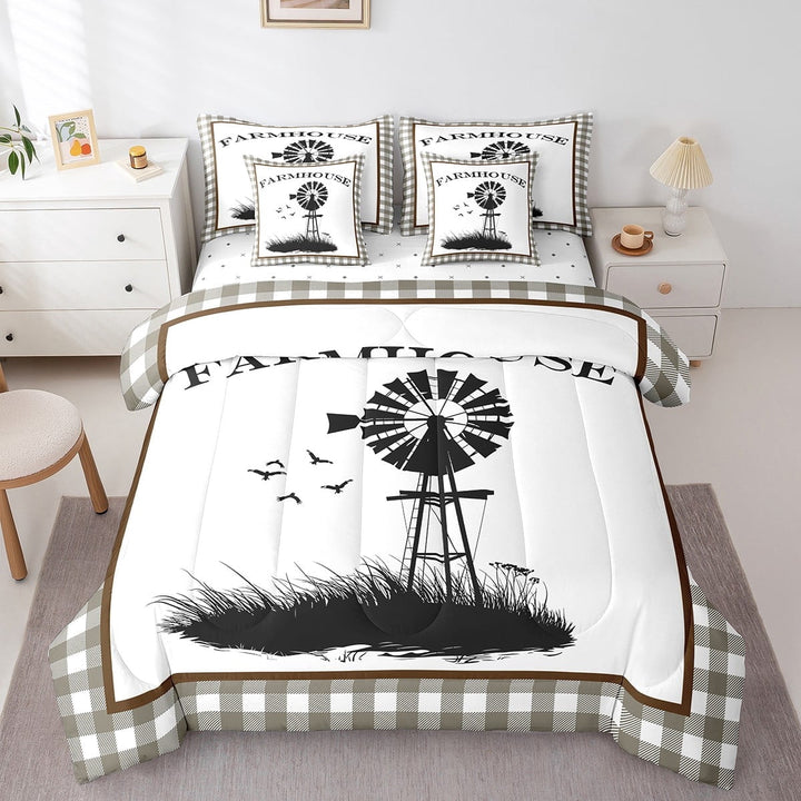 Erosebridal Queen Size Windmill Comforter Sets with Sheets 7-Piece Rustic Farmhouse Grid Comforter Set Bed-in-a-Bag with 1 Flat Sheet 1 Fitted Sheet 2 Pillowcases and 2 Throw Pillow Covers