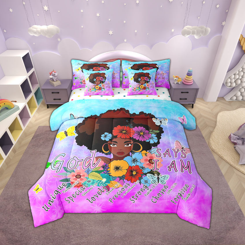 Afro Comforter Set 7 Piece Bed in a Bag Twin,Magical American African Bedding Sets Black Hair Princess Sheet Set with Comforter