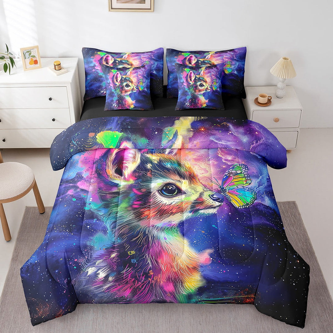 Cartoon Deer Twin Comforter Set 7-Piece Watercolor Animal Bedding Comforter Sets , Psychedelic Galaxy Stars Bed in a Bag Rainbow Graffiti Bedding Set, Trippy Nebula Cosmos Bed Sheets Set