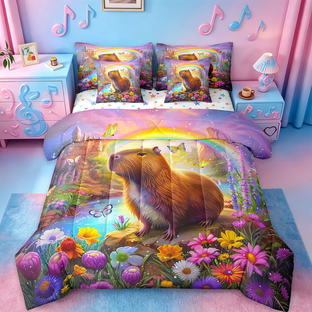 jejeloiu Cute Capybara Twin Bedding Sets,7-Piece,Colorful Flower Daisy Bedding Comforter Set,Rainbow Butterfly Waterfall Sheet Sets For Child,Super Cozy Bedroom Decoration Reversible