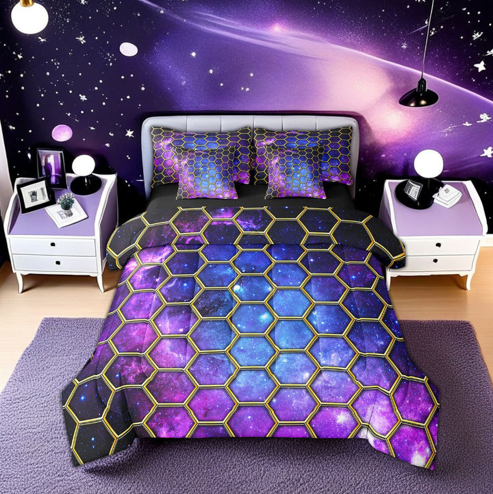 Erosebridal Psychedelic Galaxy Outer Space Bedding Sets Twin Size, Honeycomb Hexagon Print Bed Sheets Set, Ultra Soft 7 Pieces