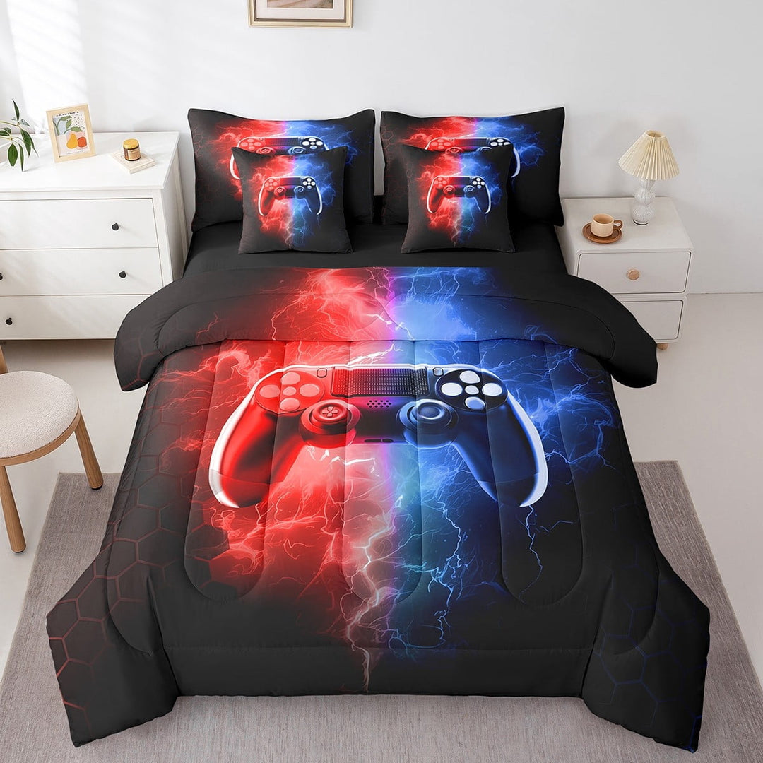 Erosebridal Gradient Gamer Bedding Sets Twin Size,Abstract Lightning Comforter Sets with Sheets,Geometric Hexagon Bed in a Bag Twin size,Breathable Gamepads Room Decorative,Reversible,7pcs