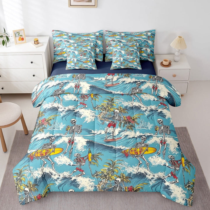 Erosebridal Funny Skeleton Bedding Twin Size, Marine Surfing Sports Bedding Sets Twin Size, Ocean Wave Decor, Reversible
