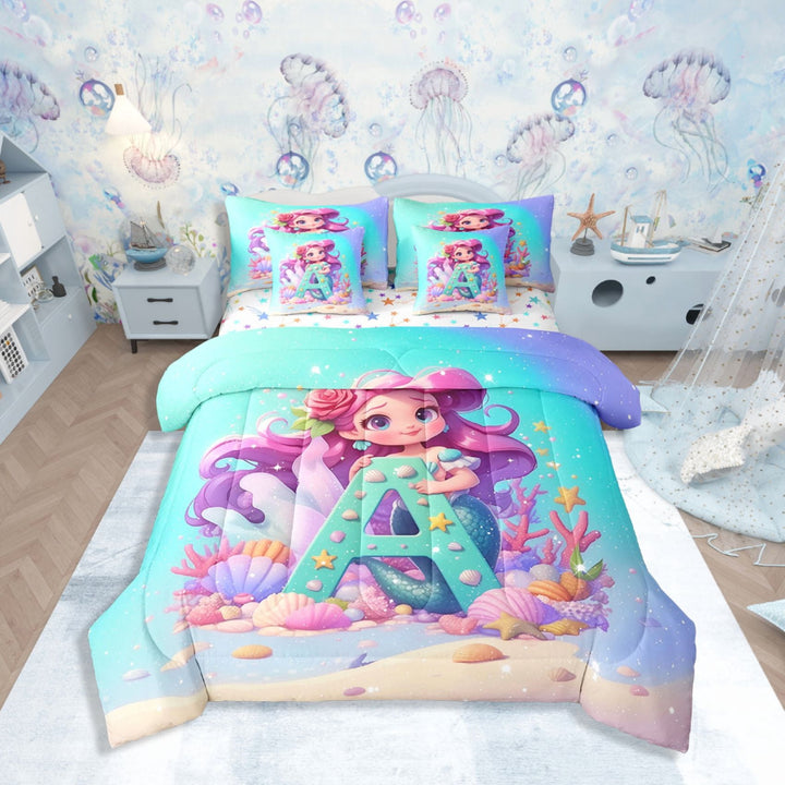 7 Piece Mermaid Bed in a Bag Twin Size Ocean Themed Bedding Sets Mermaid Princess Room Decor Comforter Set with Sheets Kawaii Mermaid Print Bed Set Sea Animal Sheets