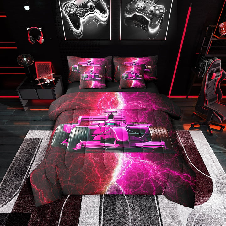 Erosebridal Speed Race Car Bedding Twin Size 7pcs , Lightning Comforter Sets with Sheets, Microfiber