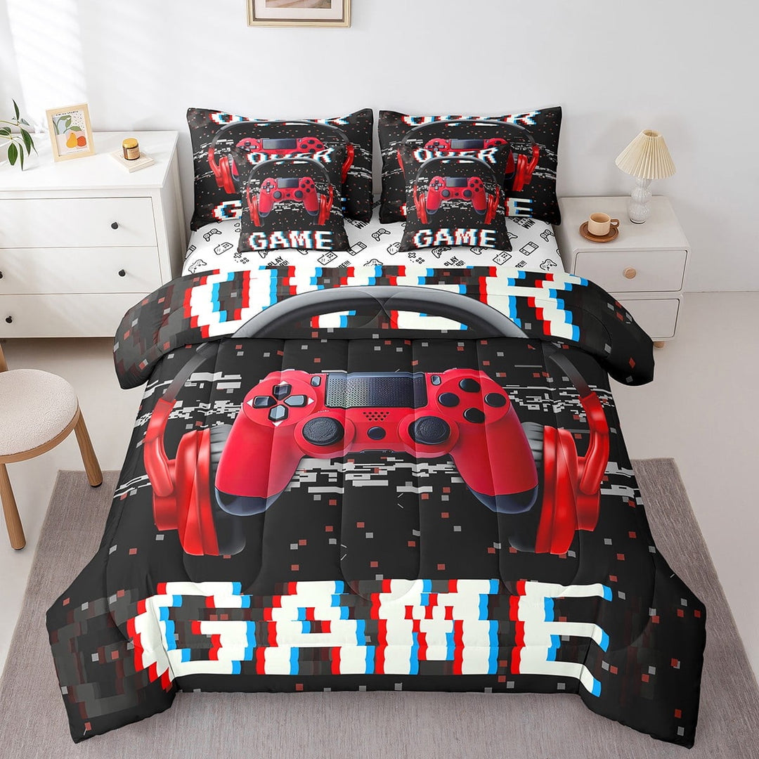 Red Gaming Headset Bed in a Bag Queen Comforter Set 7 Piece,Pc Gamer Bedding Sets Video Game Sheet Set with Comforter