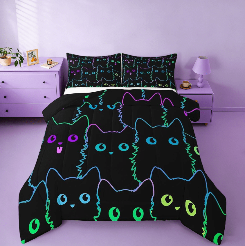 Manfei Cute Cat Full Size Comforter Sets,Cute Kitten Animal Colorful Bedding Sets For Kawaii Cat Lover Reversible 3 Pieces