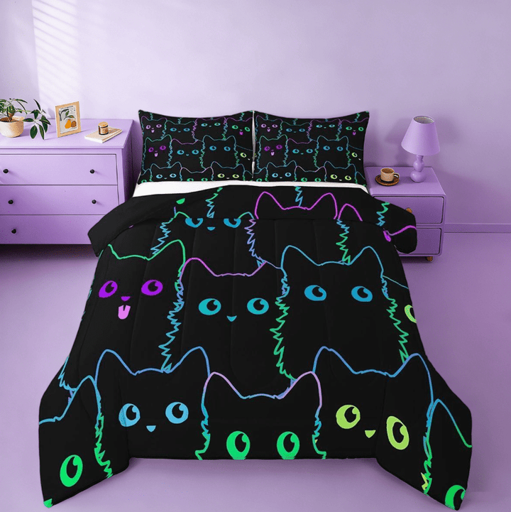 Manfei Cute Cat Full Size Comforter Sets,Cute Kitten Animal Colorful Bedding Sets For Kawaii Cat Lover Reversible 3 Pieces