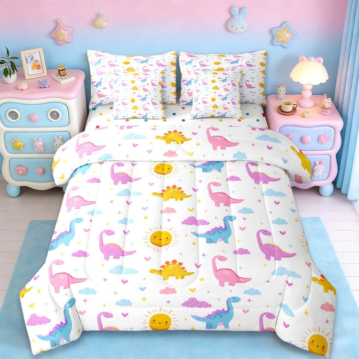 Erosebridal Colorful Cute Dinosaur 7-Piece Twin Bedding Sets For Girl Kids,Multicolor Clouds Print Bedding Comforter Set,Reversible