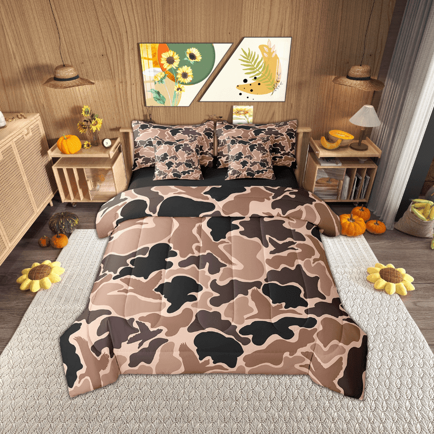 Erosebridal Black Brown Bed in a Bag Twin Size, Abstract Camouflage Camo Bed Set, Reversible 7 Pieces