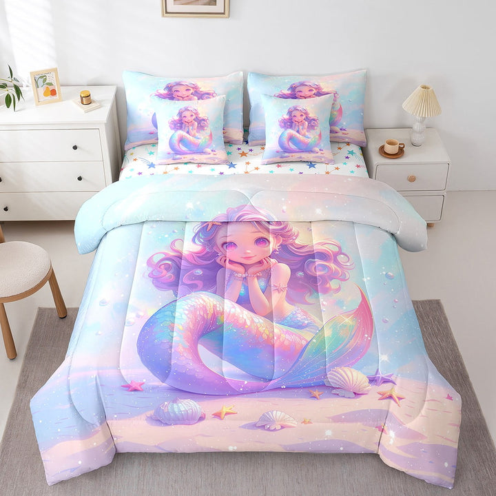 Mermaid Bed in a Bag 7 Piece Twin Size Princess Room Decor Bedding Sets Ocean Themed Comforter Set with Sheets Blue Purple Gradient Bed Set Cute Sea Animal Mermaid Sheets