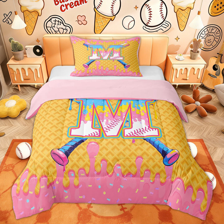 Erosebridal Cute Ice Cream Drip Twin Comforter Sets for Kids, Baseball Initial M Bedding Set, Pink Reversible, 2pcs