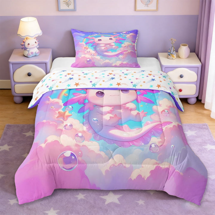 Erosebridal Cartoon Axolotl Twin Comforter Sets,Pink Cute Salamander Bedding Set For Girls Kids, Reversible 2-Piece