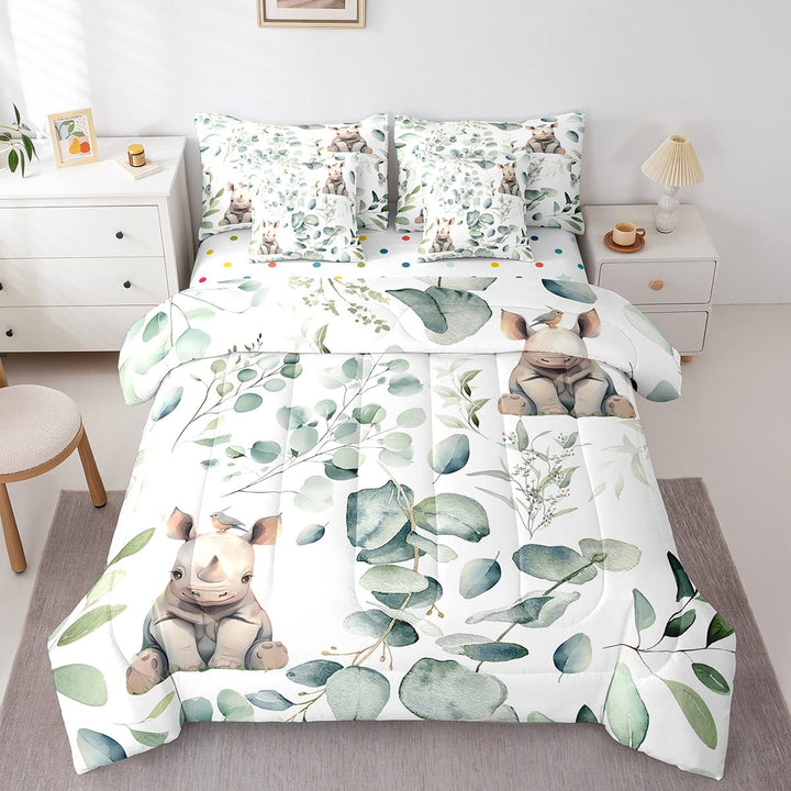 Kawaii Rhino Bedding Comforter Sets 7pcs Cartoon Animal Bed in a Bag, Eucalyptus Leaves Twin Bedding Sets Jungle Wildlife Comforter Set, Tropical Botanical Bedding Sets