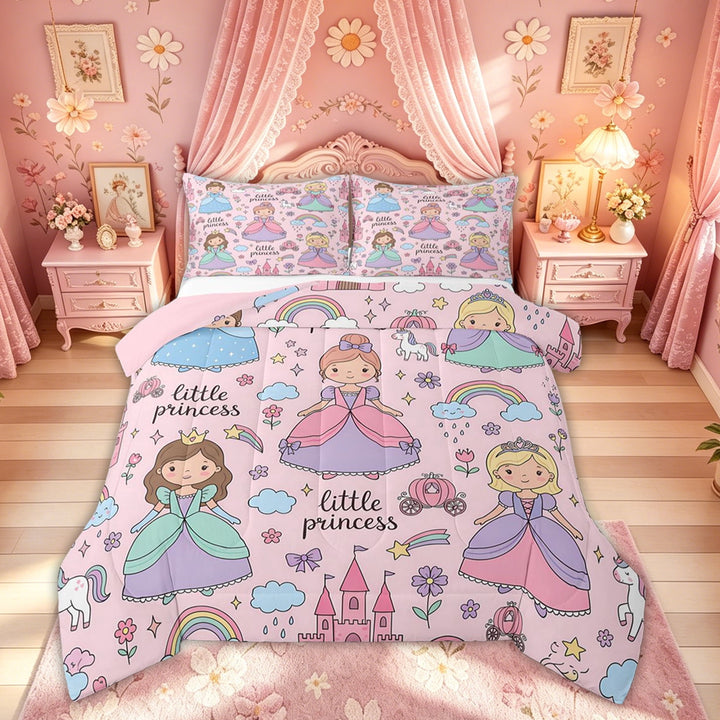 Meiyoeat Cute Princess Castle Rainbow Full Size Comforter Sets for Kids Girls, Girly Pink Cartoon Bedding Sets, Pink Reversible, 3 Pieces