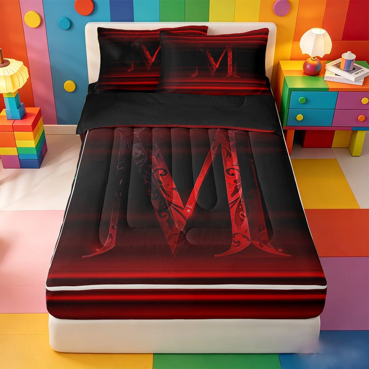 meiyoeat dark Monogram Pattern Zipper Full Size Comforter Sets with Fitted Sheet and 2 Pillowcases,Gradient Letter M Zipper Bedding Set,Black Reversible,4-Piece