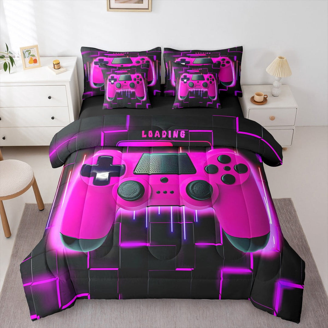Purple Gaming Comforter Set 7 Piece Bed in a Bag Twin,Gamer Bedding Sets Neon Lights Abstract Geometry Sheet Set with Comforter Gamer Room Decor