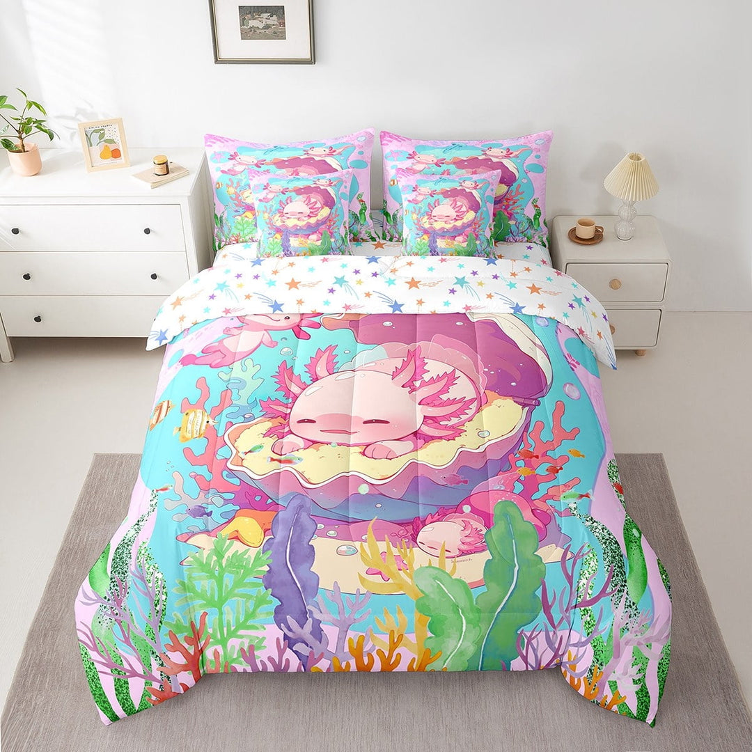 Erosebridal Cartoon Axolotl Comforter Set with Sheets Kawaii Axolotl 7 Piece Bedding Set Full Size Galaxy Outer Space Bed in a Bag Cute Salamander Astronaut Bed Set
